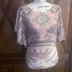 Espresso Asymmetrical Flutter Sleeve Blouse in White and Pink